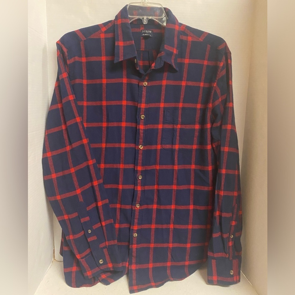 J. Crew Men's Classic Blue and Red Flannel Shirt Size XL